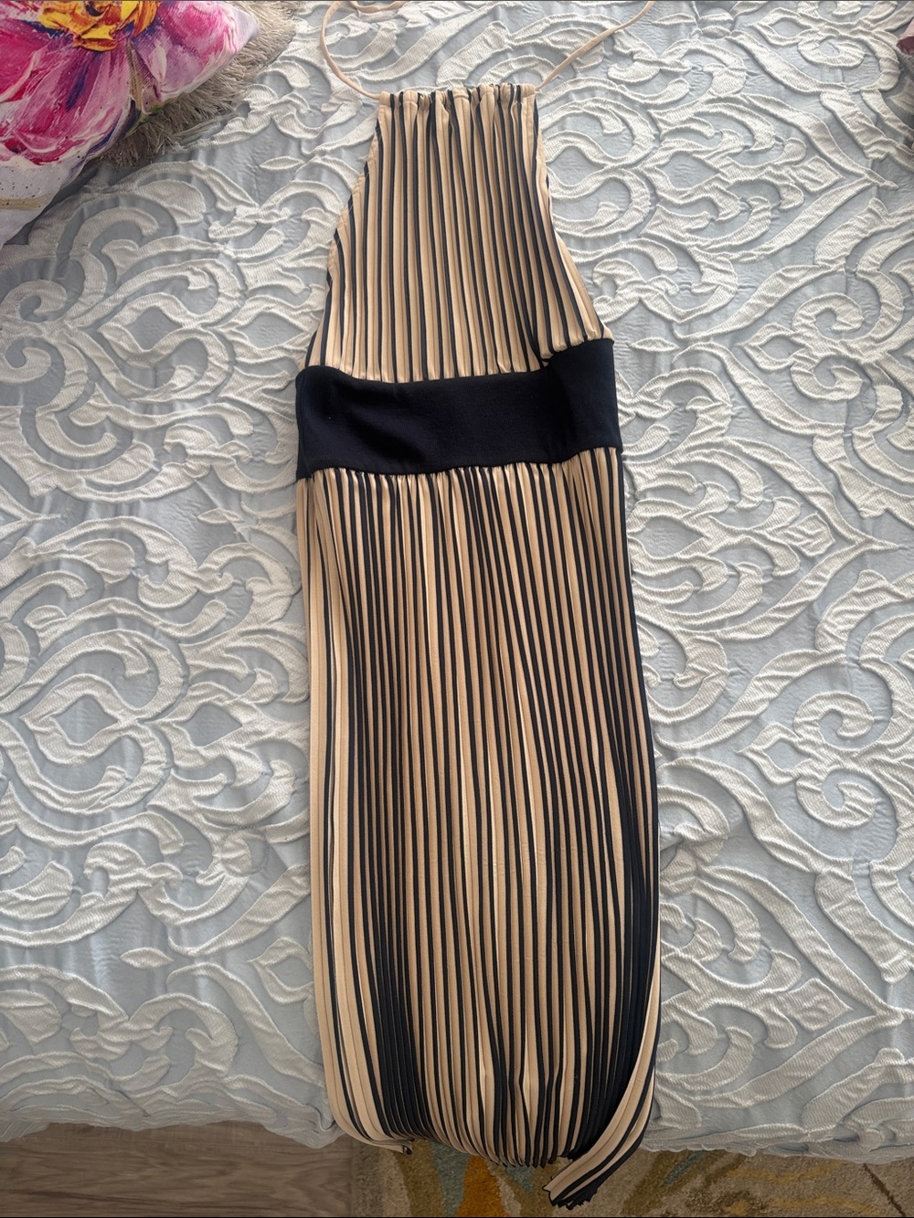 Zara Halter Pleated Maxi Dress in Beige and Black